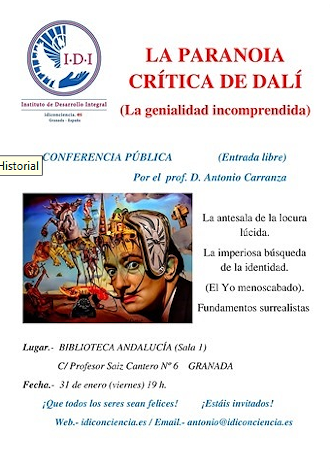 Conferencia "La paranoia crítica de Dalí, (la genialidad incomprendida)" y presentación "El néctar de la diosa", por Antonio Carranza