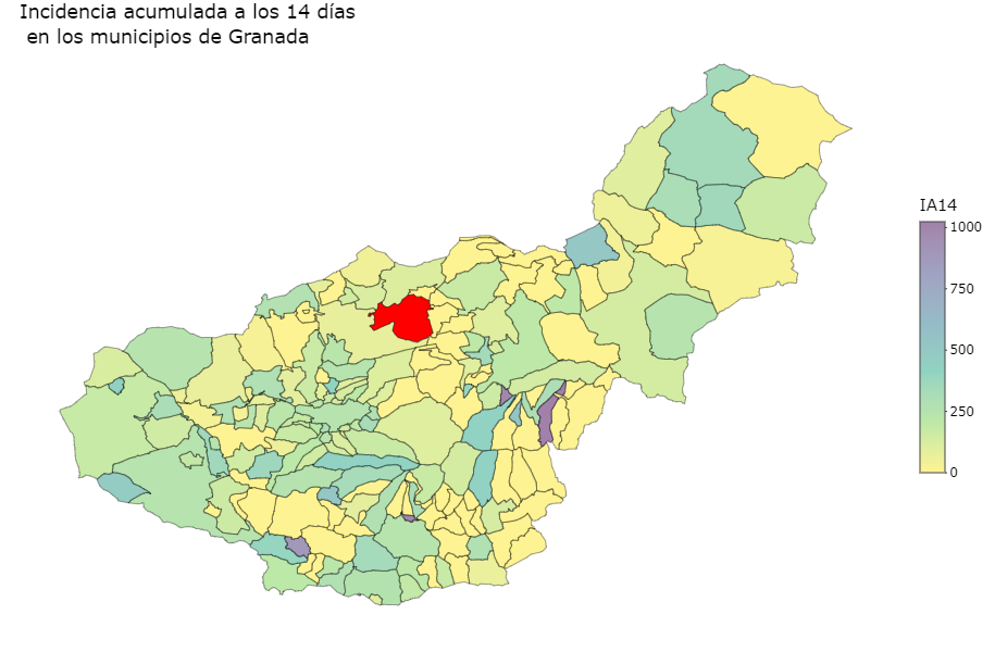 Incidencia acumulada a los 14 dias en los municipios de Granada  (23/03/2022)