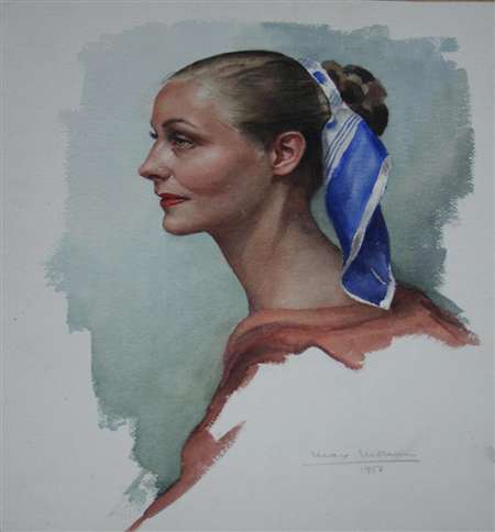 Retrato de mujer de perfil con pauelo azul